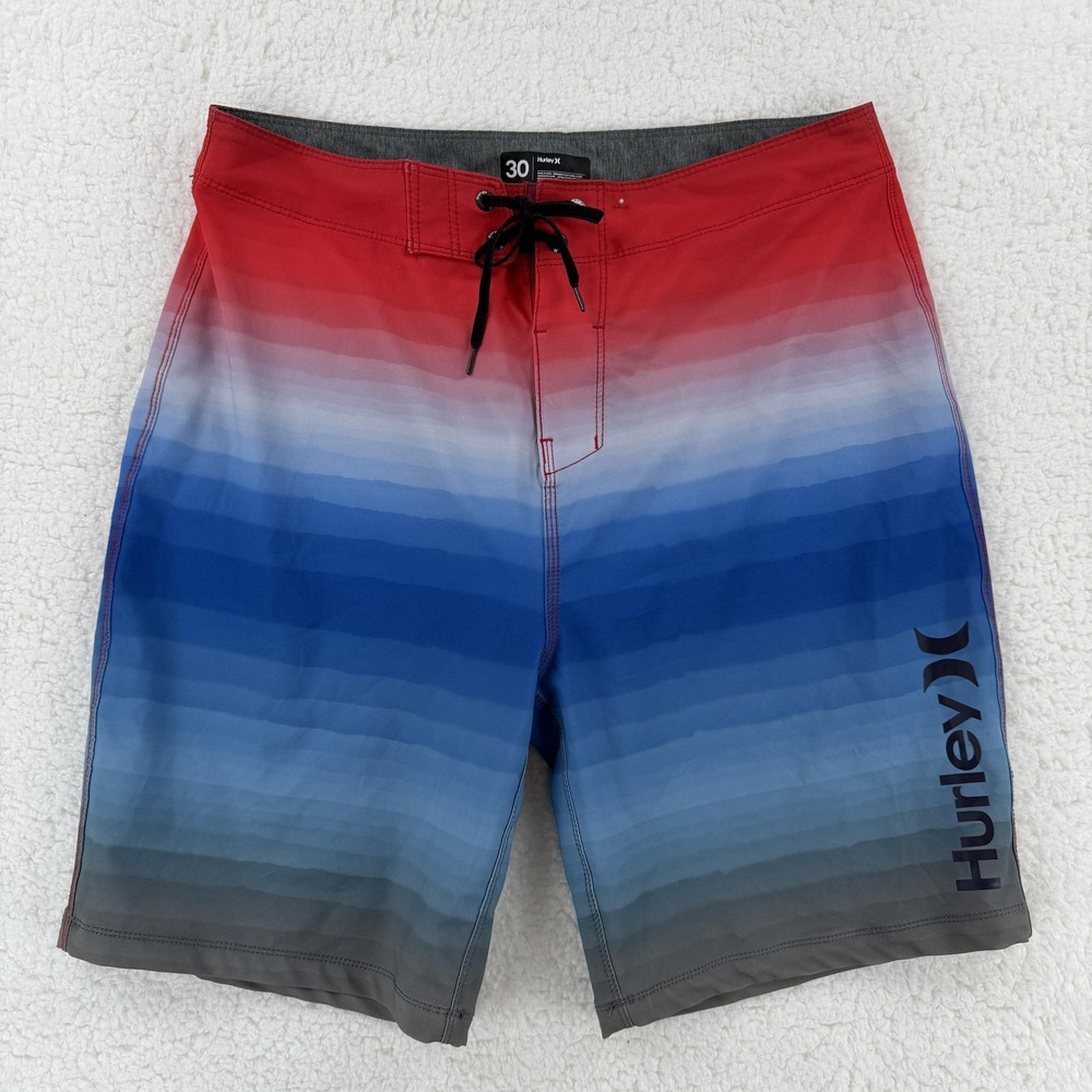 Hurley Shorts Mens 30 Red Blue Ombre Board Shorts Swim Trunks‎ Stretch 1125-E218